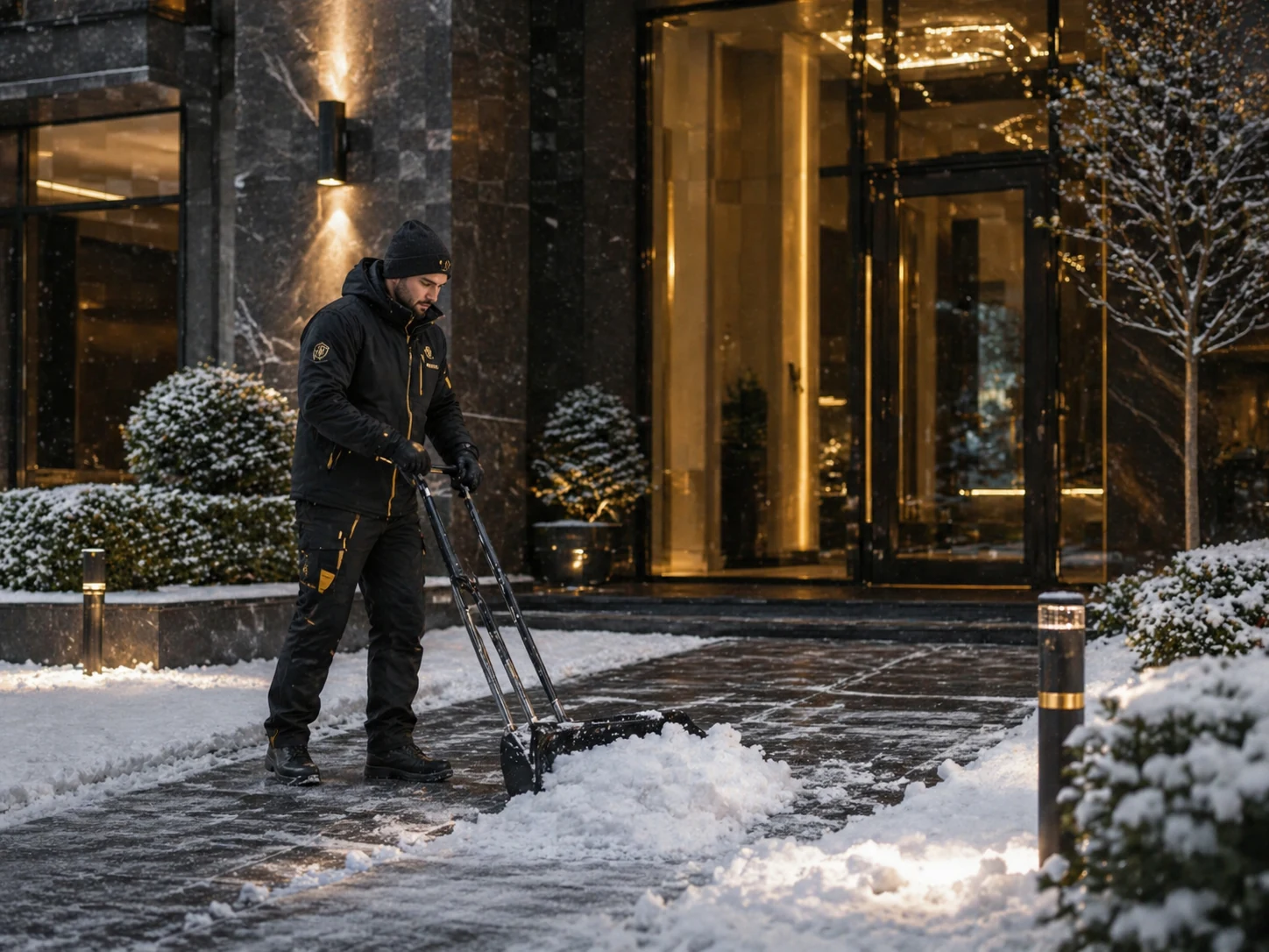 Winterdienst vor einem modernen Gebäude